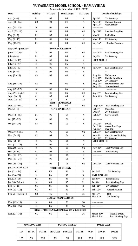 Academic Calendar YMS Rama Vihar